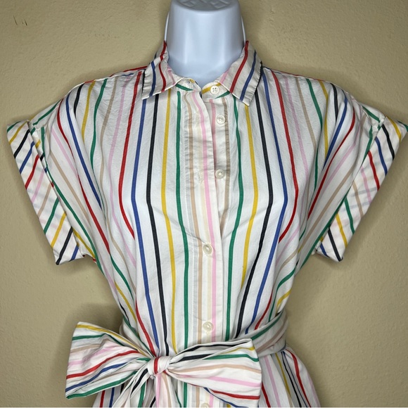 J CREW Button-Front Tie-Waist Top in Rainbow Mini Stripe Poplin - L6710 - Sz XS - Picture 4 of 11